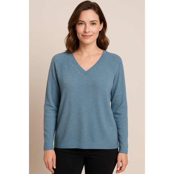 Vintage Easy Spirit cashmere v neck blue blingy soft cozy sweater size large - Picture 1 of 9